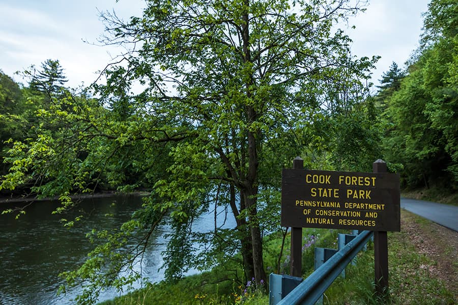 Sign for Cook Forest State Park alongside a tree-lined riverbank.