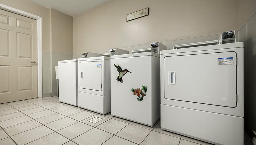 A laundry room featuring several stacked white washers and dryers against a plain wall.