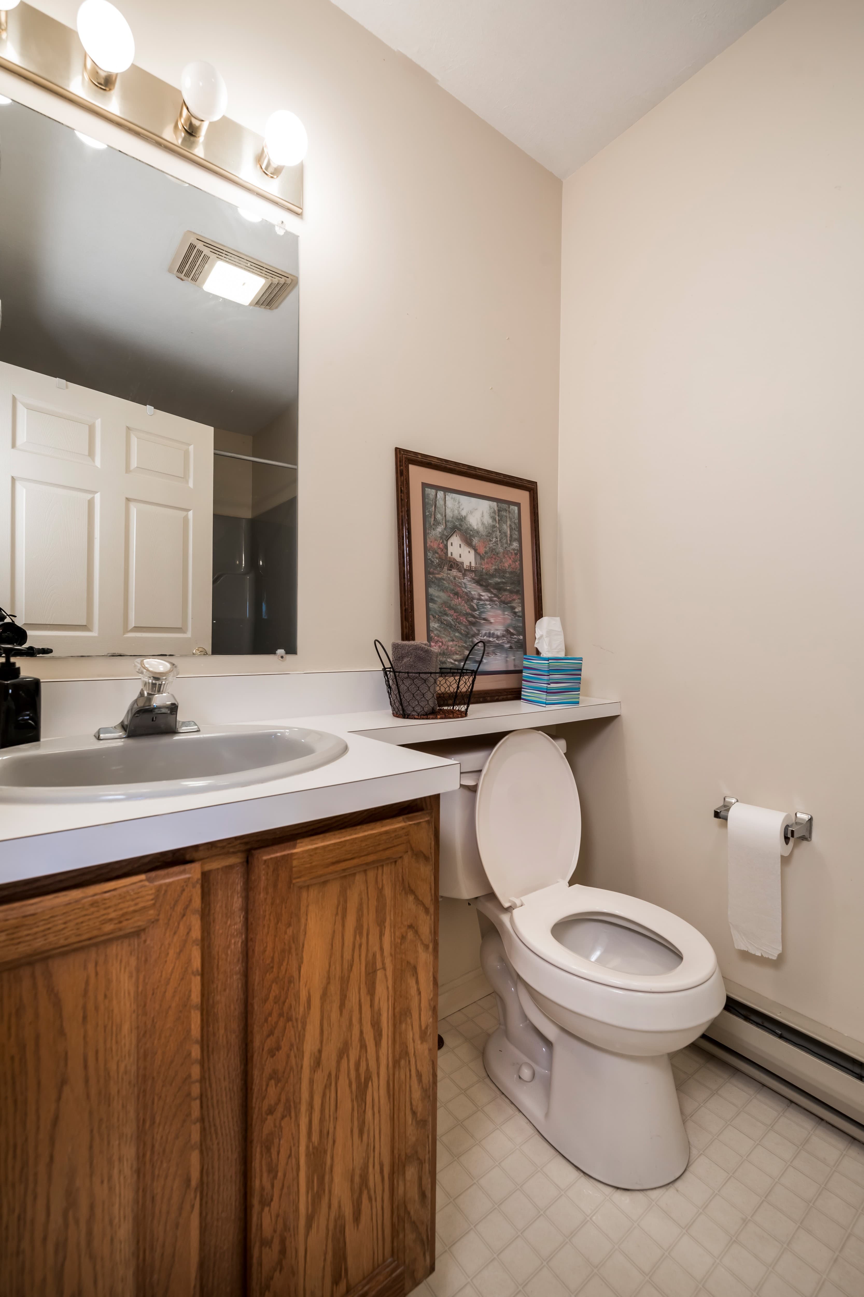 A small bathroom featuring a sink with wooden cabinets, a toilet, a mirror, and a wall-mounted light fixture.
